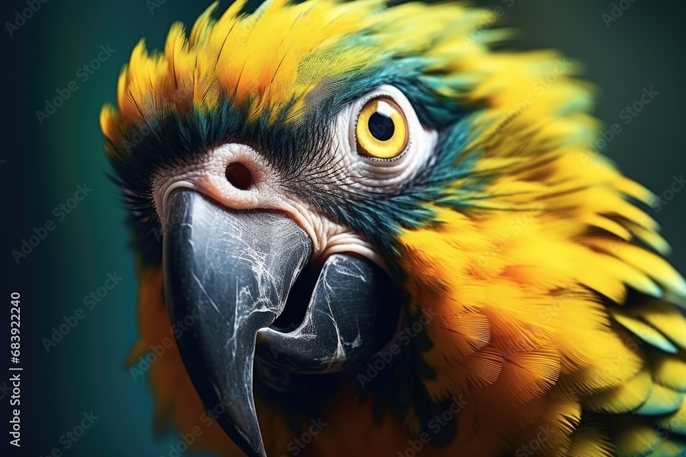 Poster a close-up view of a parrot's face with a vibrant green background. this image can be used to add a 