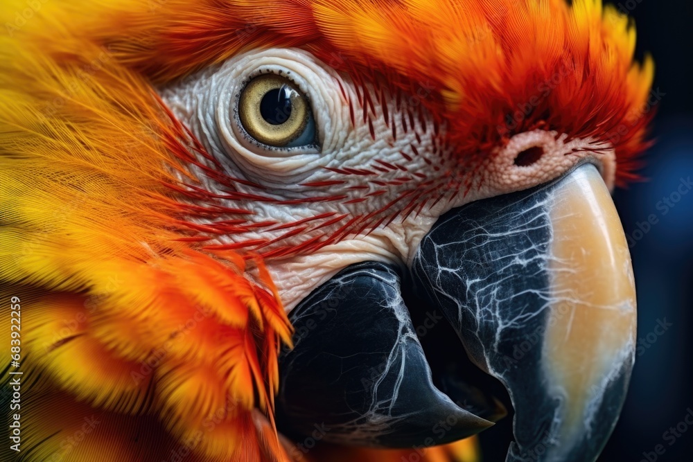 Poster a detailed view of a vibrant and colorful parrot's face. this image can be used to add a pop of colo