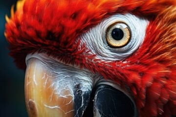 A detailed view of a parrot's face, showcasing its vibrant red and yellow feathers.  - Powered by Adobe
