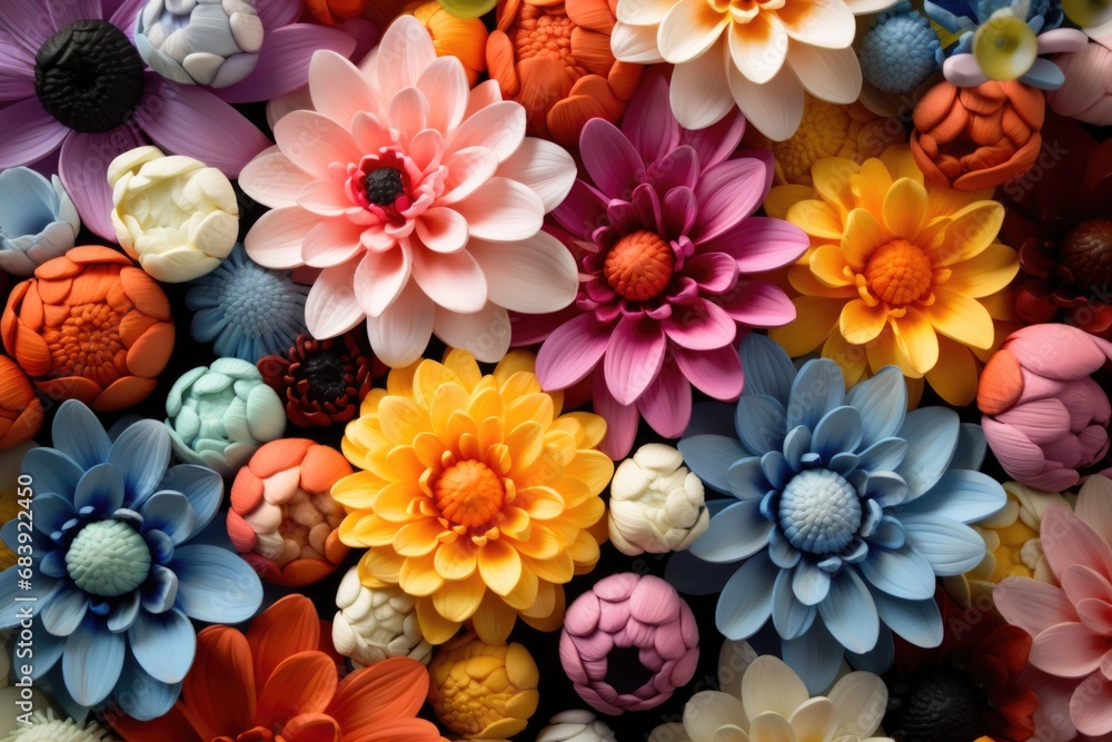 Poster a close-up view of a vibrant bunch of colorful flowers. perfect for adding a pop of color to any pro