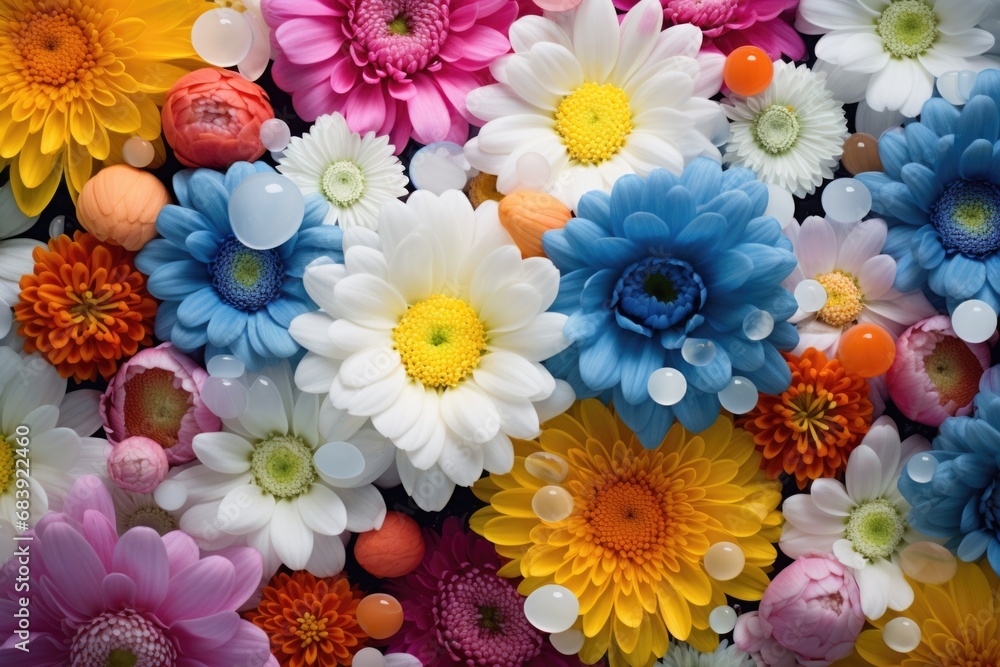 Poster a close-up view of a vibrant bunch of flowers. perfect for adding a pop of color to any project or d