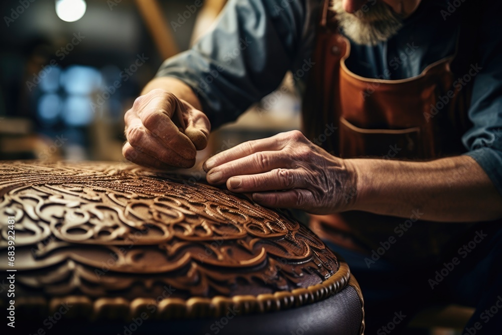 Poster a close-up view of a person skillfully working on a piece of leather. this image can be used to show