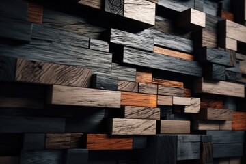 A detailed view of a wall made entirely of wooden blocks. This image can be used to showcase construction, interior design, or the beauty of natural materials