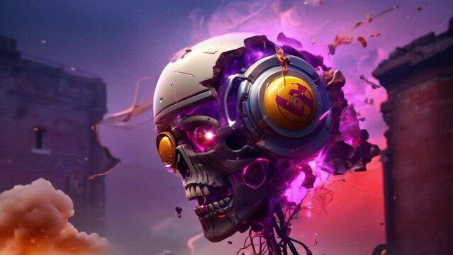 Futuristic robot skull with bright purple splashes