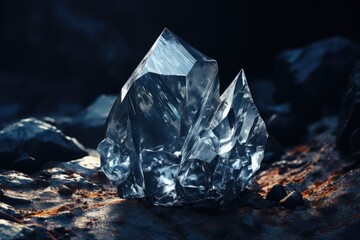 A crystal resting on a rock in a dark setting. This image can be used to depict mystery, beauty, or the concept of finding light in darkness