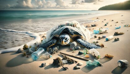 Fototapeta na wymiar Turtle trapped in plastic bag, Save animal concept