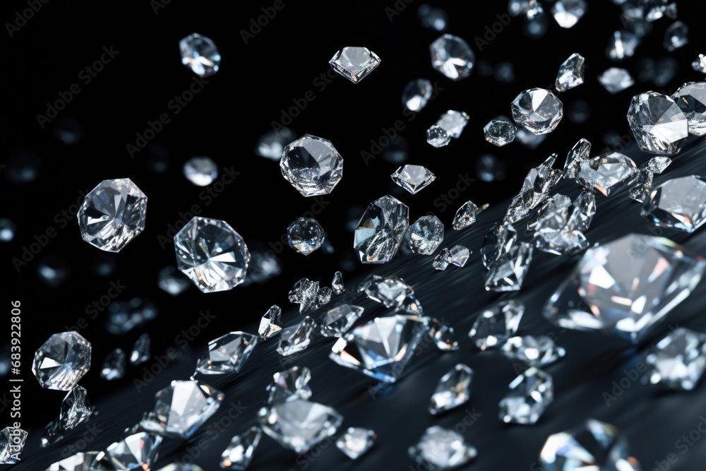 Poster a stunning image capturing a mesmerizing moment as a bunch of diamonds gracefully fall from the sky.
