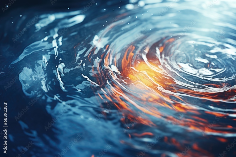 Poster a close-up image capturing the mesmerizing swirl of fire and water.