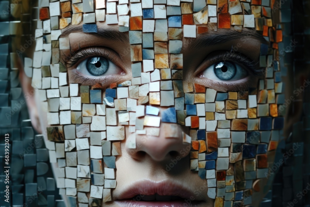 Aufkleber a detailed view of a person with a mosaic face. this image can be used for various creative projects