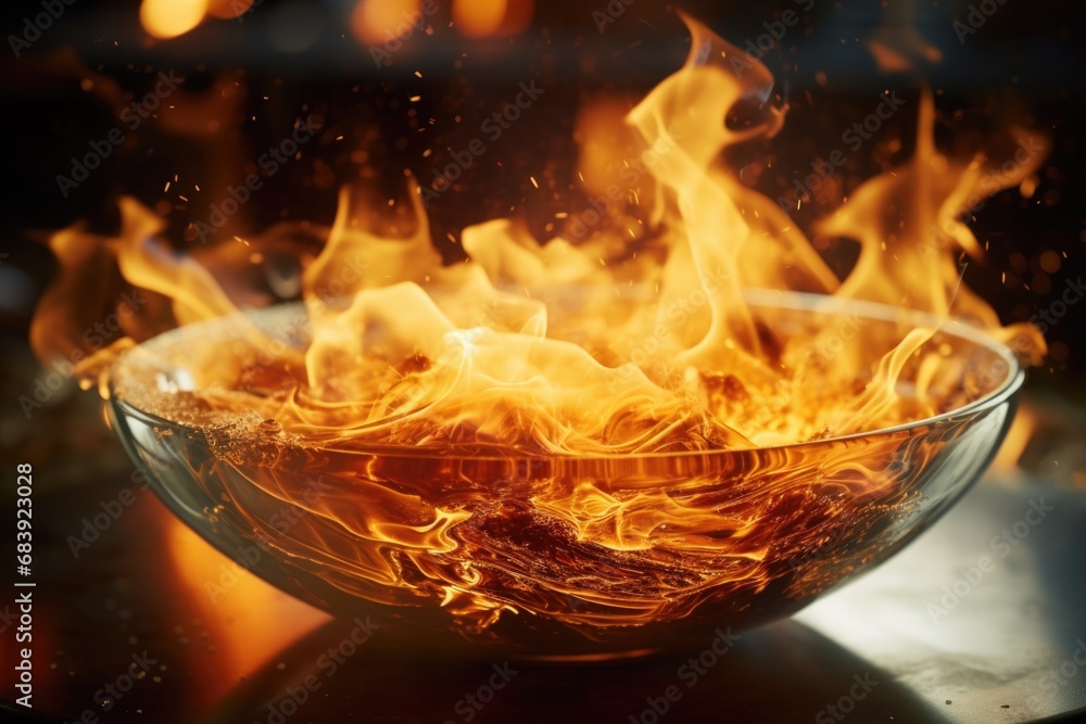 Poster a captivating image of a bowl of fire displayed on a table. this picture can be used to create a fie