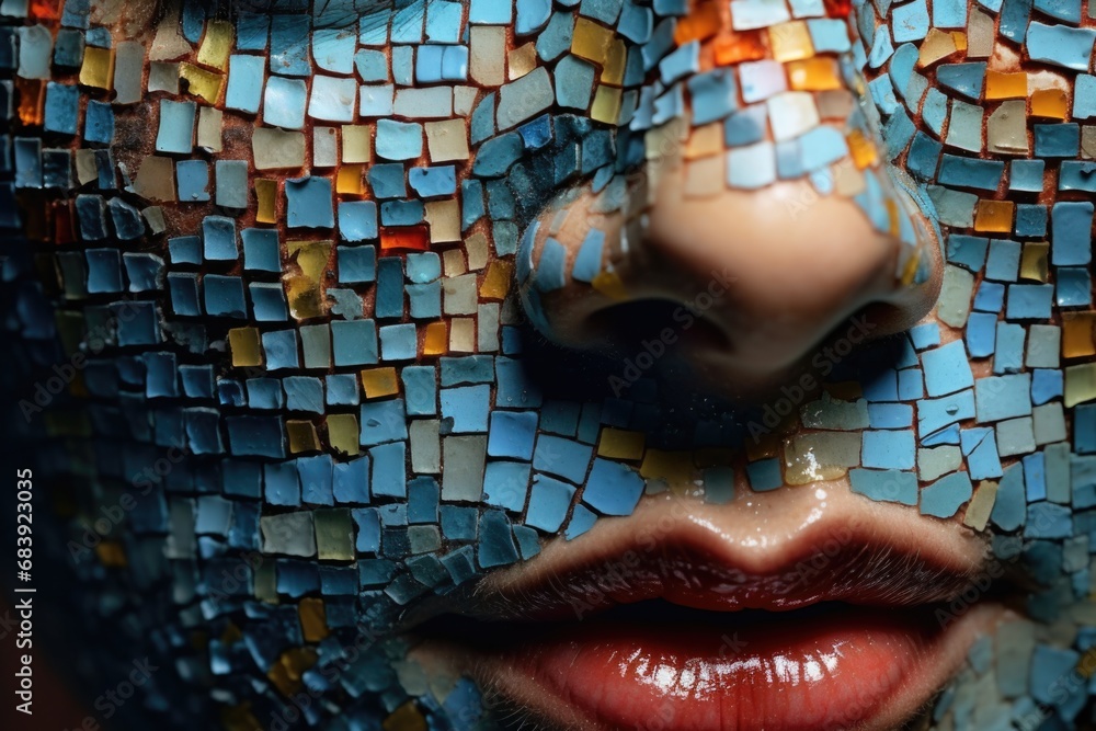 Poster a close-up view of a person's face with a mosaic design. this image can be used for various creative