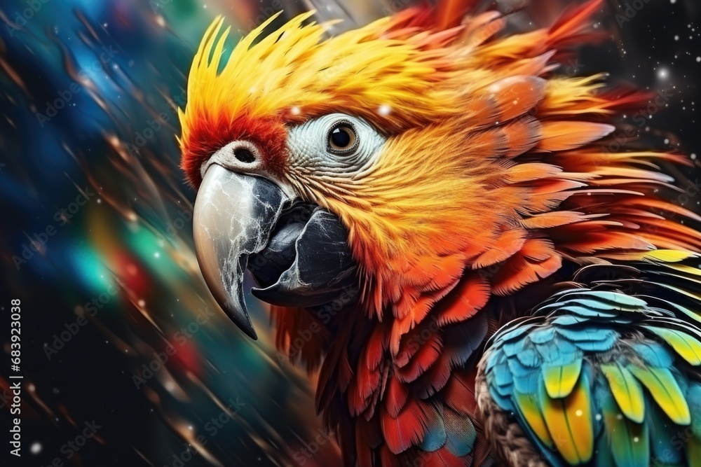 Poster a vibrant and colorful parrot with a striking black background. this image can add a pop of color an
