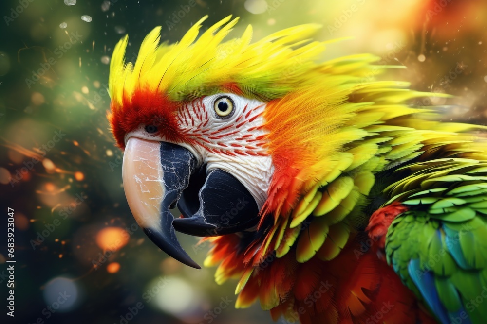 Poster a detailed close-up of a parrot with a blurred background. this image can be used to add vibrancy an