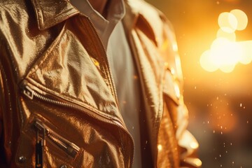 A close-up shot of a person wearing a leather jacket. This image can be used to portray a stylish and edgy look. Suitable for fashion, street style, or urban-themed projects