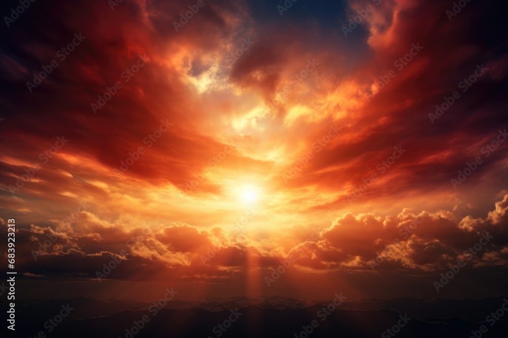 Poster a captivating image capturing the sun shining brightly through the clouds. perfect for adding a touc