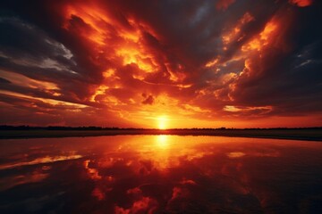 A stunning image of the sun setting over a peaceful body of water.  - Powered by Adobe