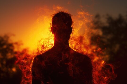 A striking image of a silhouette of a person with fire in the air. 