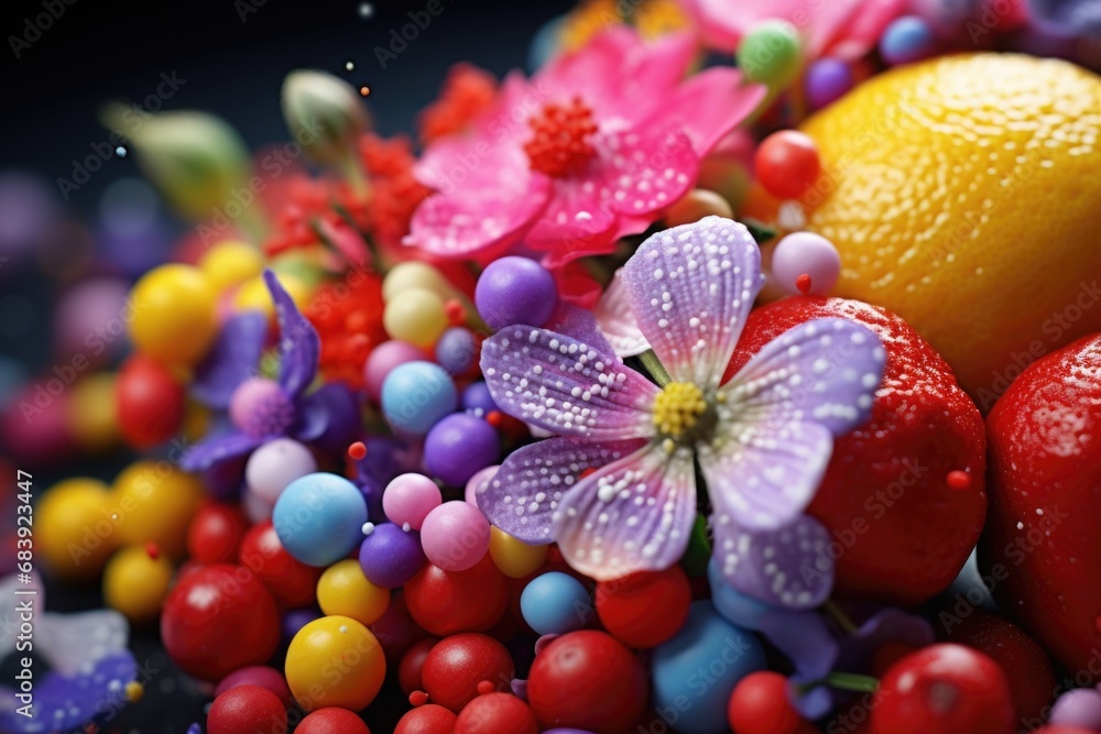 Poster a close-up view of a colorful bunch of fruit and flowers. this vibrant image can be used to add a fr