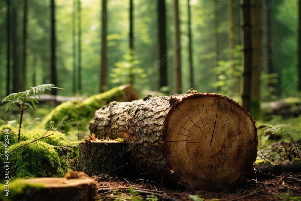 Poster a picture of a tree stump located in the middle of a forest. this image can be used to depict nature