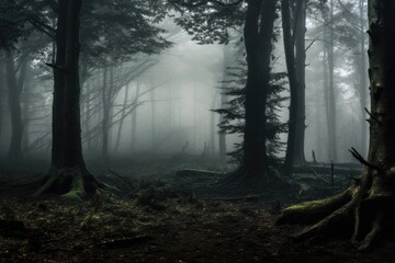 A misty forest with an abundance of trees. Perfect for nature enthusiasts or those in need of a serene background - obrazy, fototapety, plakaty