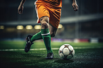 A soccer player in action, dribbling a soccer ball on a field. This image can be used to depict a...