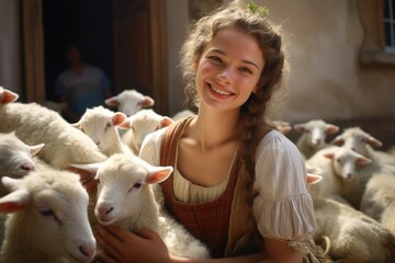 A woman is seen holding a bunch of sheep. This image can be used to depict farming, agriculture, or livestock-related concepts