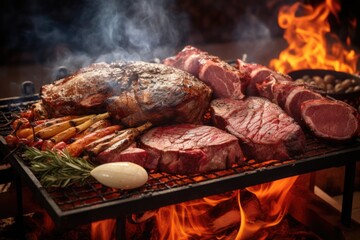A picture of a grill with meat and vegetables cooking on it. This image can be used to showcase outdoor cooking, barbecues, or food preparation - obrazy, fototapety, plakaty