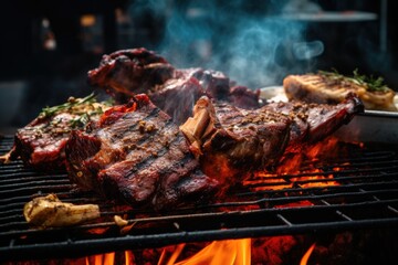 A picture of steaks cooking on a grill with flames in the background. Perfect for food enthusiasts and barbecue lovers.