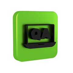 Black Speech bubbles with Question and Answer icon isolated on transparent background. Q and A symbol. FAQ sign. Chat speech bubble and chart. Green square button.