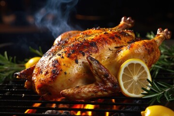 A picture of a chicken being grilled on a barbecue with lemons and rosemary. This image can be used to showcase outdoor cooking, summer grilling, or delicious barbecue recipes