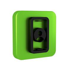 Black Telephone 24 hours support icon isolated on transparent background. All-day customer support call-center. Full time call services. Green square button.