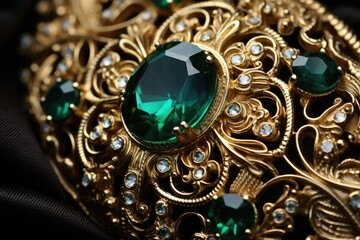 A detailed close-up shot of a brooch adorned with stunning green stones. Perfect for adding a touch of elegance and sophistication to any outfit
