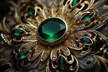 A detailed close-up shot of a brooch adorned with beautiful green stones. Perfect for fashion or jewelry-related projects - obrazy, fototapety, plakaty