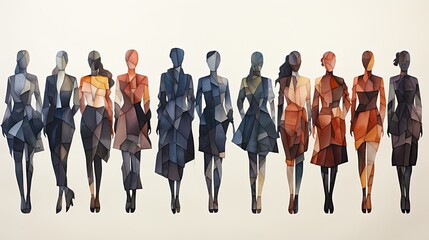 AI-generated colorful low-poly illustration of a lineup of silhouetted women. MidJourney.