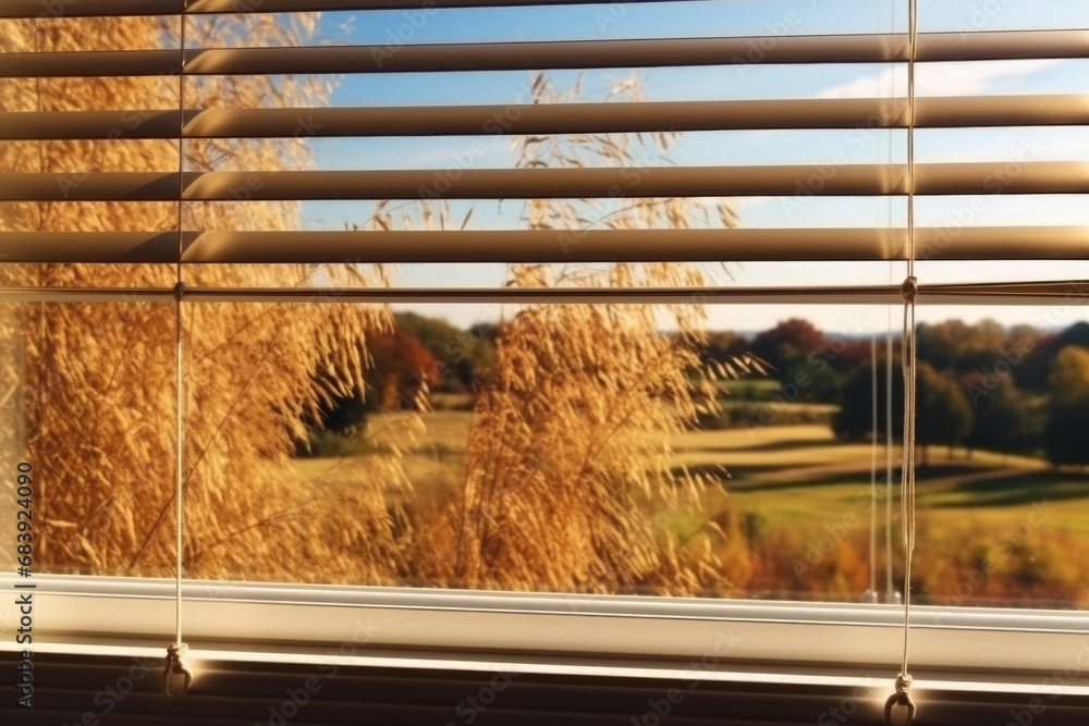 Poster a serene view of a field as seen through a window. this image captures the peacefulness of nature an