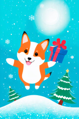 Merry christmas and happy holidays greeting card. Cute happy corgi dog, concept of happy Christmas and New Year.