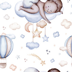 Watercolor newborn baby boy seamless pattern babies boy. Birthday blue background teepee new born baby and pregrand women