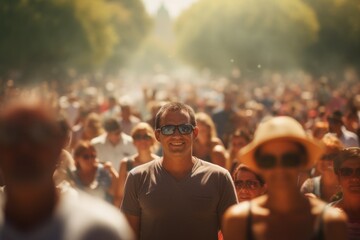 A man wearing sunglasses stands amidst a crowd of people. This image can be used to depict anonymity, individuality, or being part of a large group - obrazy, fototapety, plakaty
