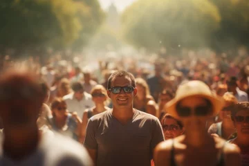 Foto op Plexiglas A man wearing sunglasses stands amidst a crowd of people. This image can be used to depict anonymity, individuality, or being part of a large group © Ева Поликарпова