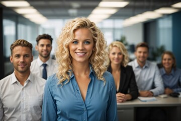 Smiling attractive curly blonde confident professional swedish woman posing at her business office with her coworkers and employees in the background.