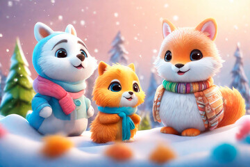 Fototapeta premium Group of cute funny animal on the background of fabulous winter forest. Cartoon animation character, anime style, 3d illustration.