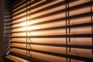 Sunlight streaming through the blinds of a window. Perfect for adding a warm and cozy atmosphere to any space