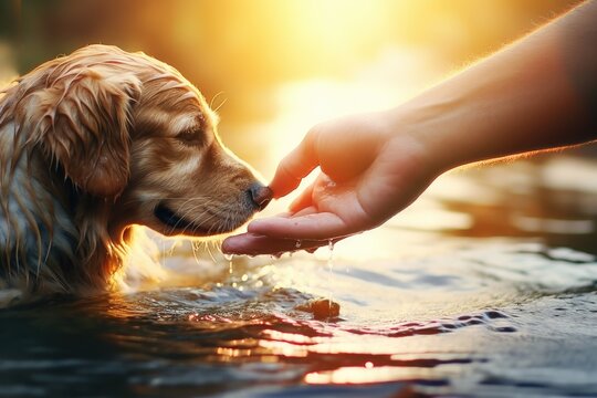 A person is seen feeding a dog out of a water source. This image can be used to depict the act of caring for animals and the bond between humans and pets