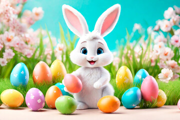 Fototapeta premium Easter greeting card. Bunny, colourful eggs and flowers, 3d render modern illuatration.