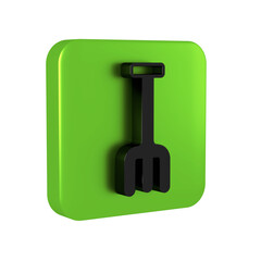 Black Garden rake icon isolated on transparent background. Tool for horticulture, agriculture, farming. Ground cultivator. Housekeeping equipment. Green square button.
