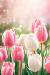 Fototapeta premium Spring background with beautiful pink and white tulips with bokeh.