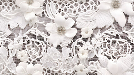 Seamless delicate white lace fabric texture with floral patterns