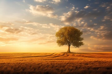 A beautiful lone tree stands tall in a golden wheat field