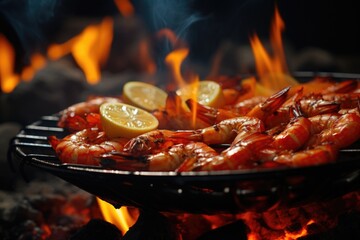A picture of a grill with shrimp and lemons on it. This image can be used to showcase grilling seafood or for promoting summer BBQ recipes