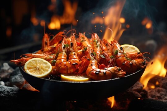 A pan filled with shrimp sitting on top of a fire. This image can be used to showcase cooking, seafood, grilling, outdoor activities, and culinary concepts